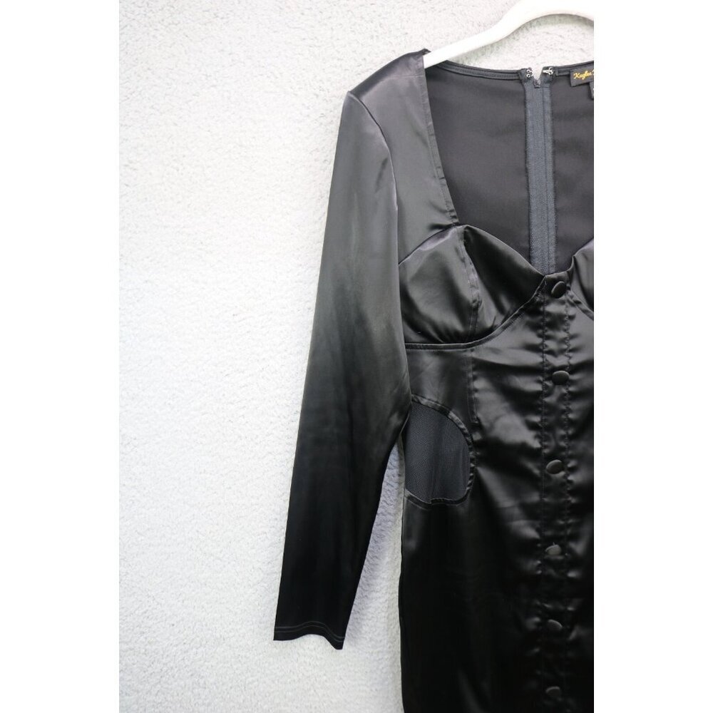Kaylee Kollection Long Sleeve Black Satin Cut-Out Dress-Large-Whimsigoth-Goth - Picture 4 of 12